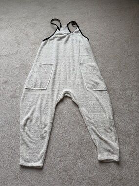 Free people hot shot fleece Cozy Cream Terry Cloth Jumpsuit with Black Trim